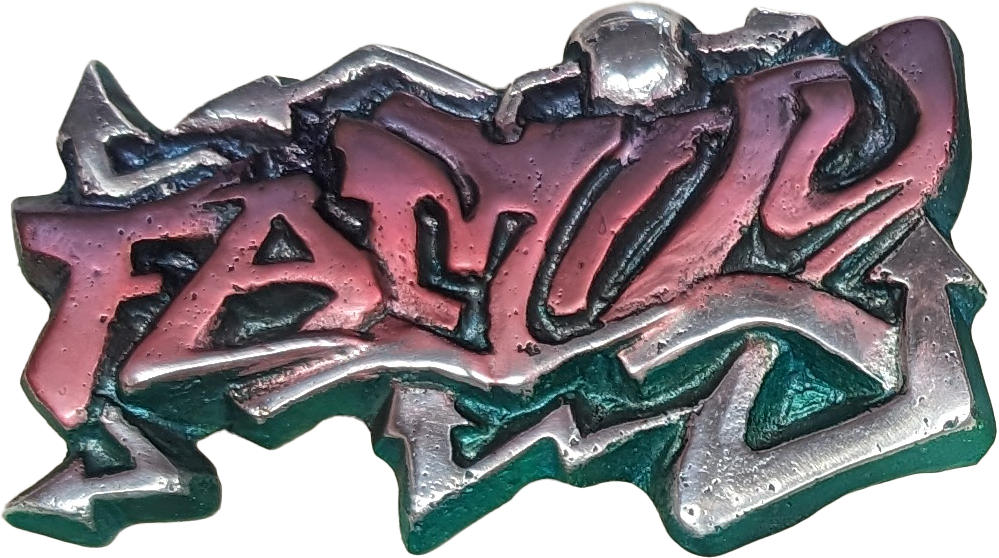 graffiti belt buckle in purple